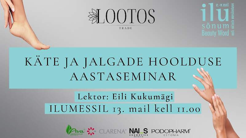 Seminarile ootame küünetehnikuid, jalahoolduse spetsialiste ning kosmeetikuid ehk kõigile, kes tegelevad käte ja jalgade hooldusega, mistahes vormis. Seminari viib läbi Eili Kukumägi - pikaaegse kogemusega spetsialist, kes on keskendunud just jalgade ja käte murede lahendamisele. Eili on oma teadmisi kogunud erinevatest riikides väga kõrgelt hinnatud spetsialistide käe all õppides! MILLEST RÄÄGIME? Erinevad nahaprobleemid - allergiad, dermatiidid, psoriaas, lõhenemine, kuivus, vananemine jne. Erinevad küünte probleemid - deformatsioonid, traumad, onühholüüs, põhilised haigused küüntel, levinumad anomaaliad jne. Eelloetletud murede põhjused, kuidas saaksime neid probleeme aidata lahendada ja ravimist toetada. Kosmeetilised happed käte ja jalgade hoolduses - mis imesid nende abil saame kroda saata. Tänapäevased kunstmaterjalid (geelid, geellakid jne). Nende ohud klientidele, ohtude vältimine, mida teha, kui "pahandus" on juhtunud Kas teadsid, et kunstmaterjalid võivad olla hoopis probleemide lahenduseks? Kuidas ja millistele - tule kuula! KUI PALJU MAKSAB JA KUIDAS REGISTREERIDA? Tavahind on 100 €, Ilumessi pakkumine 50 €. Registreerimine on kohustuslik trade@lootos.ee. Koha seminaril tahab õigeaegselt tasutud ettemaksuarve. PS! Seminaril osalejad pääsevad Ilumessile tasuta! NB! KOHTADE ARV ON PIIRATUD! 